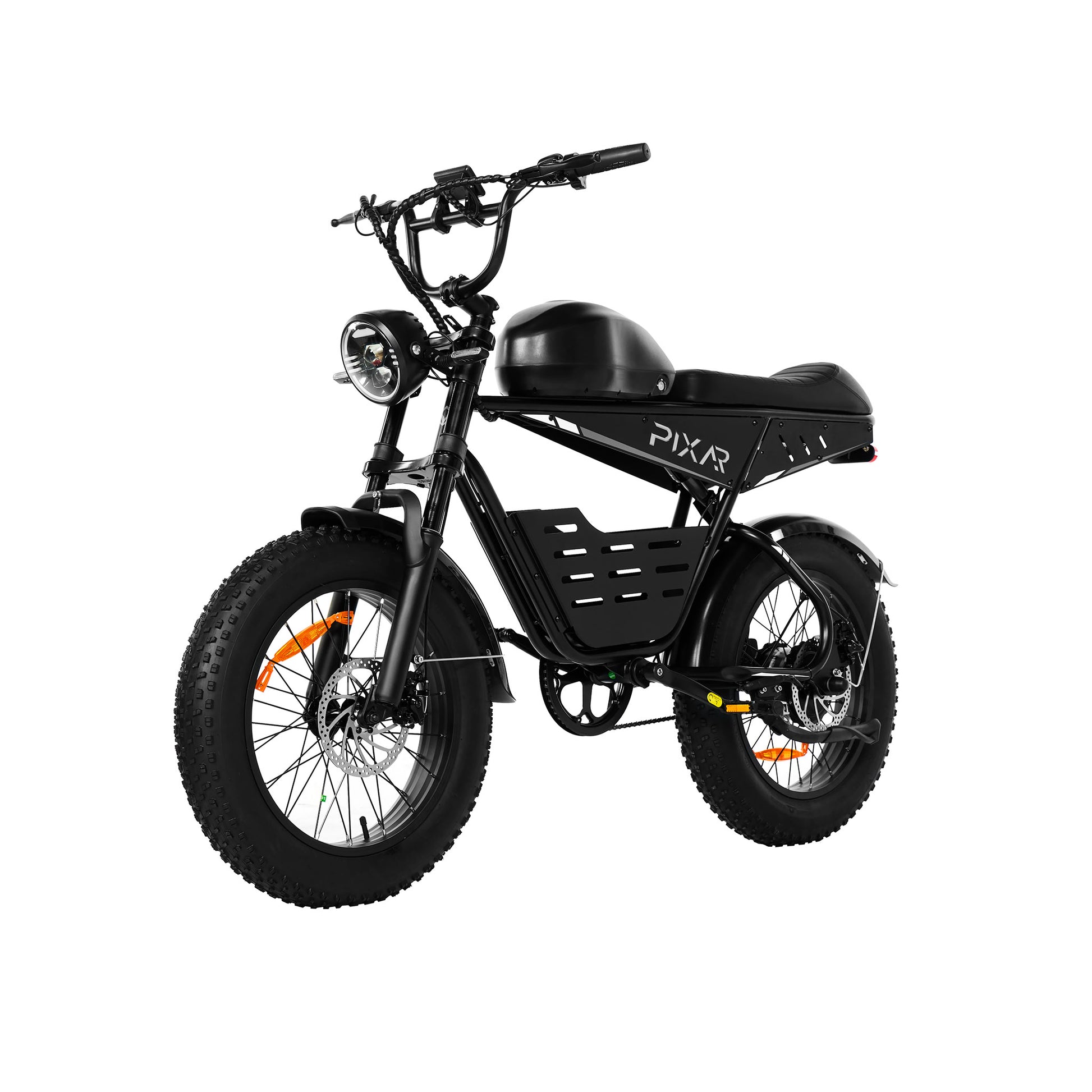 PIXAR SuperV e-bike three-quarter facing left profile with battery and motor