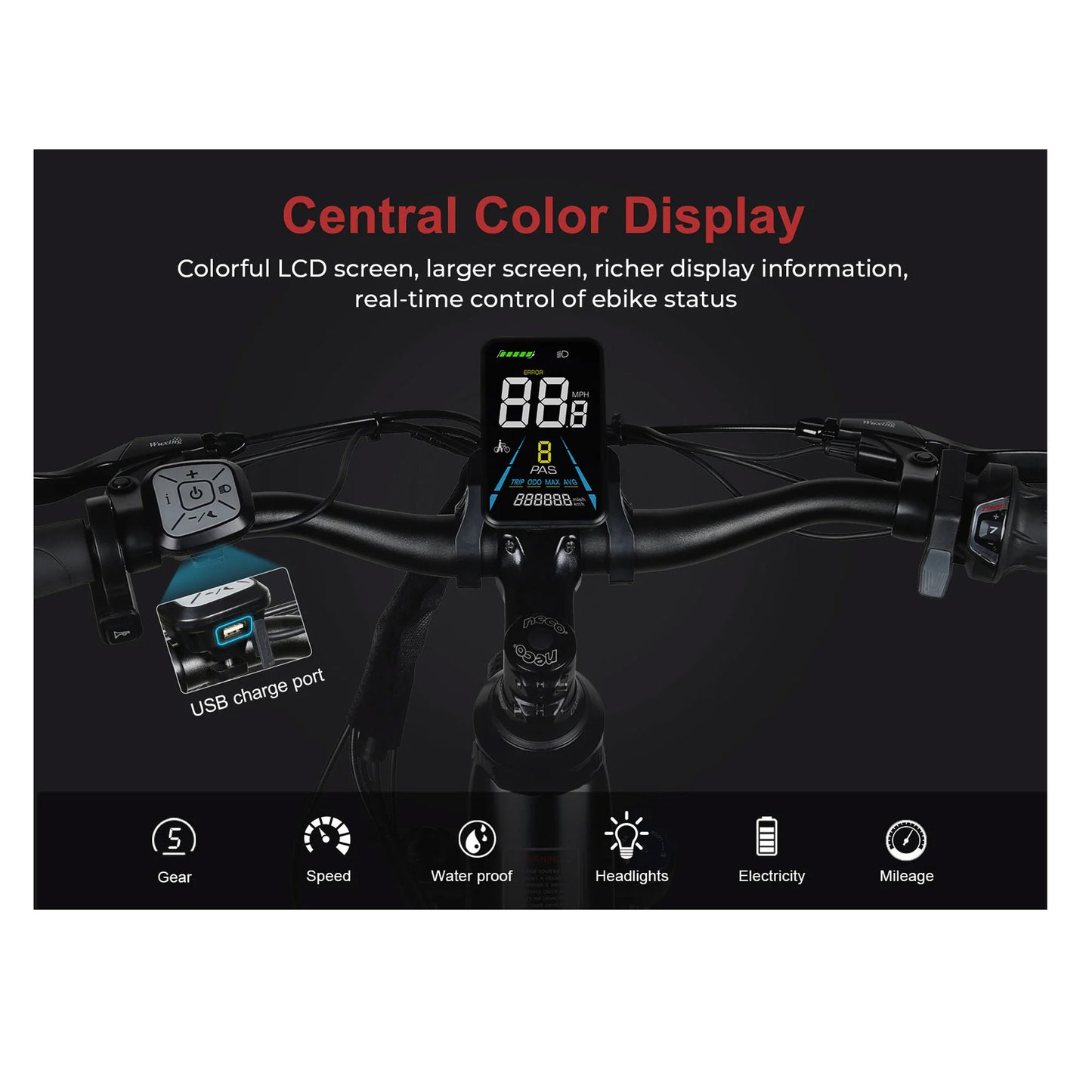 Samebike RS-A01 Pro-T LCD display with USB charging port