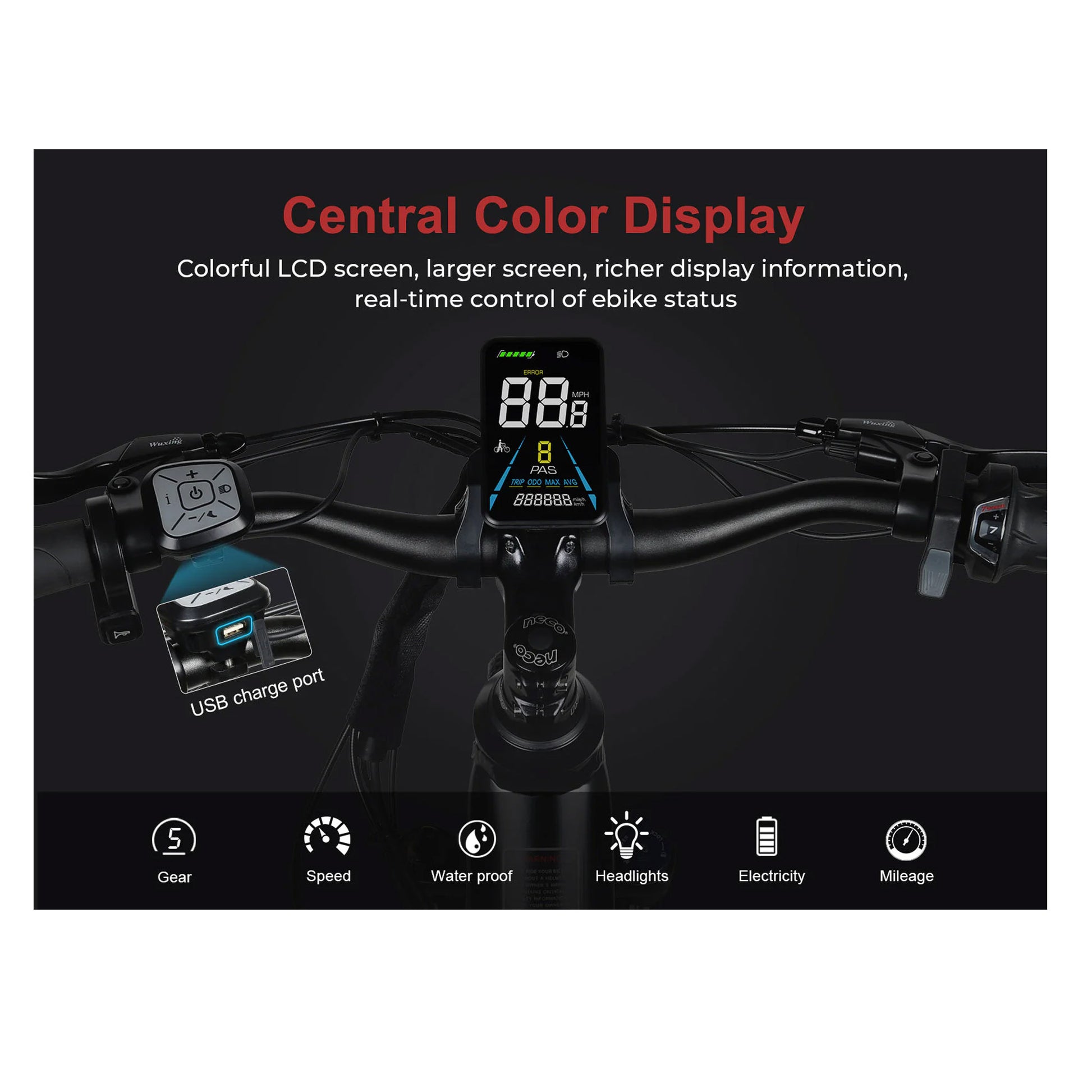 Samebike RS-A01 Pro-T LCD display with USB charging port