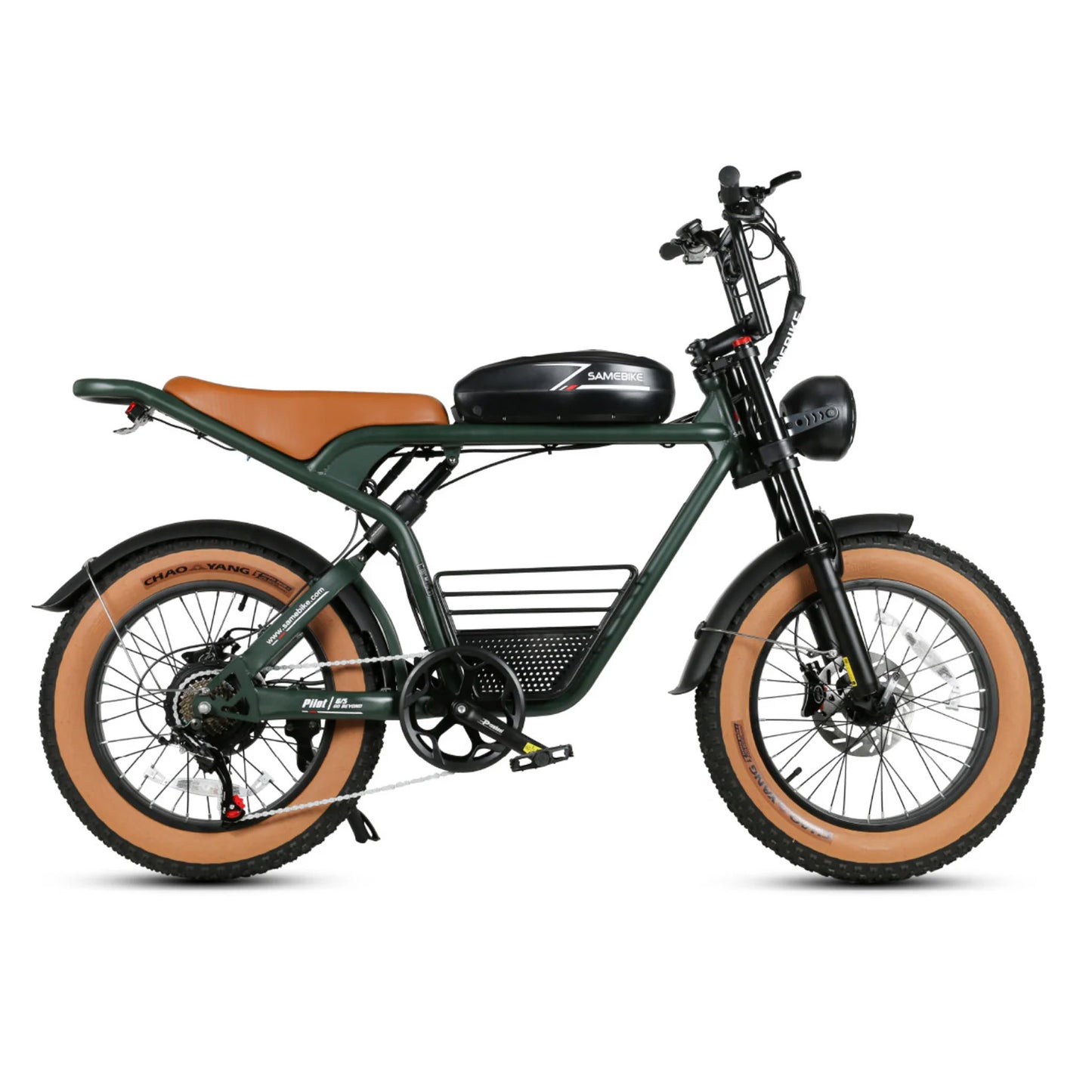 Samebike M20 1000W e-bike with brown saddle and 4.0 fat tyres