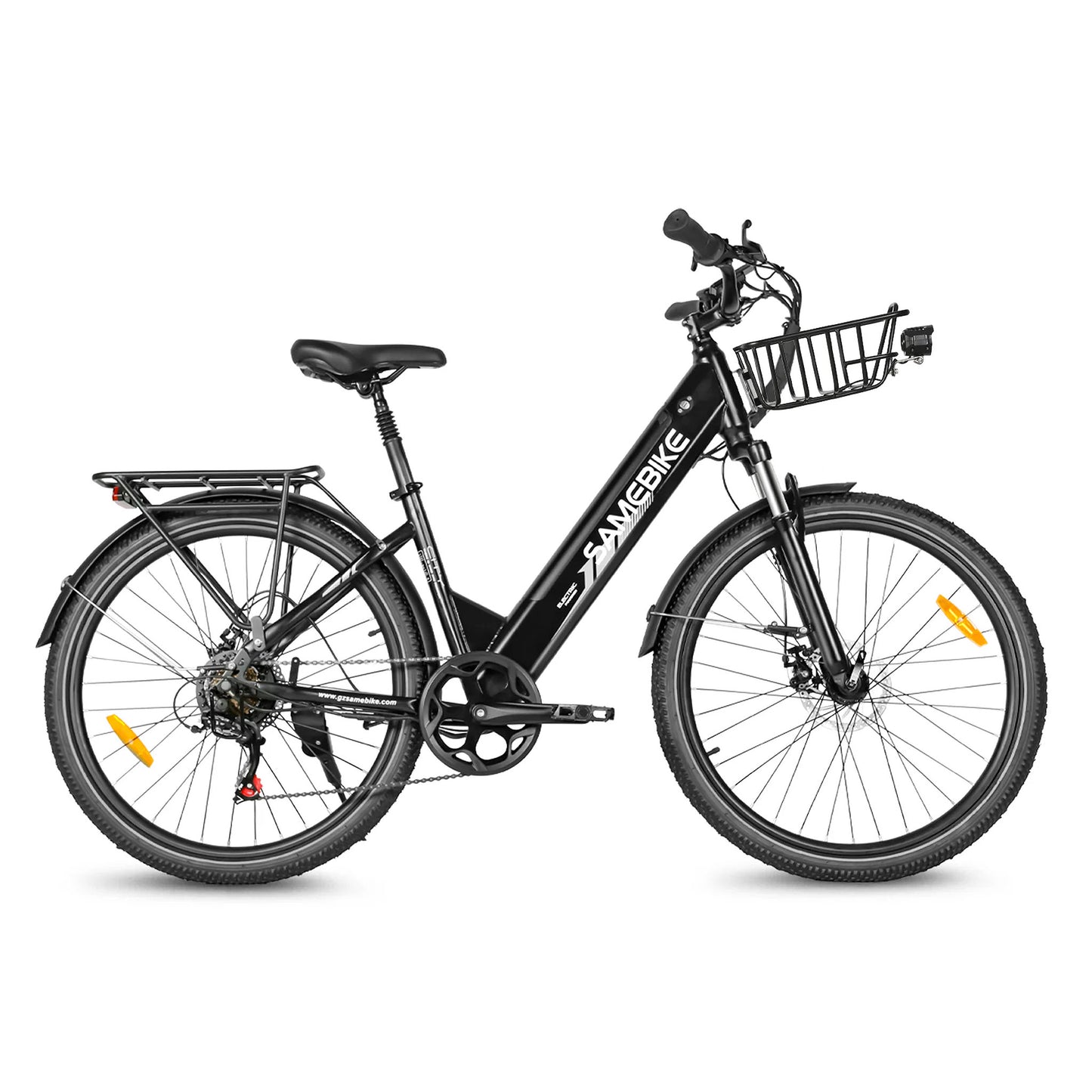 Samebike RS-A01 Pro-T 26-inch electric bike in black with front basket