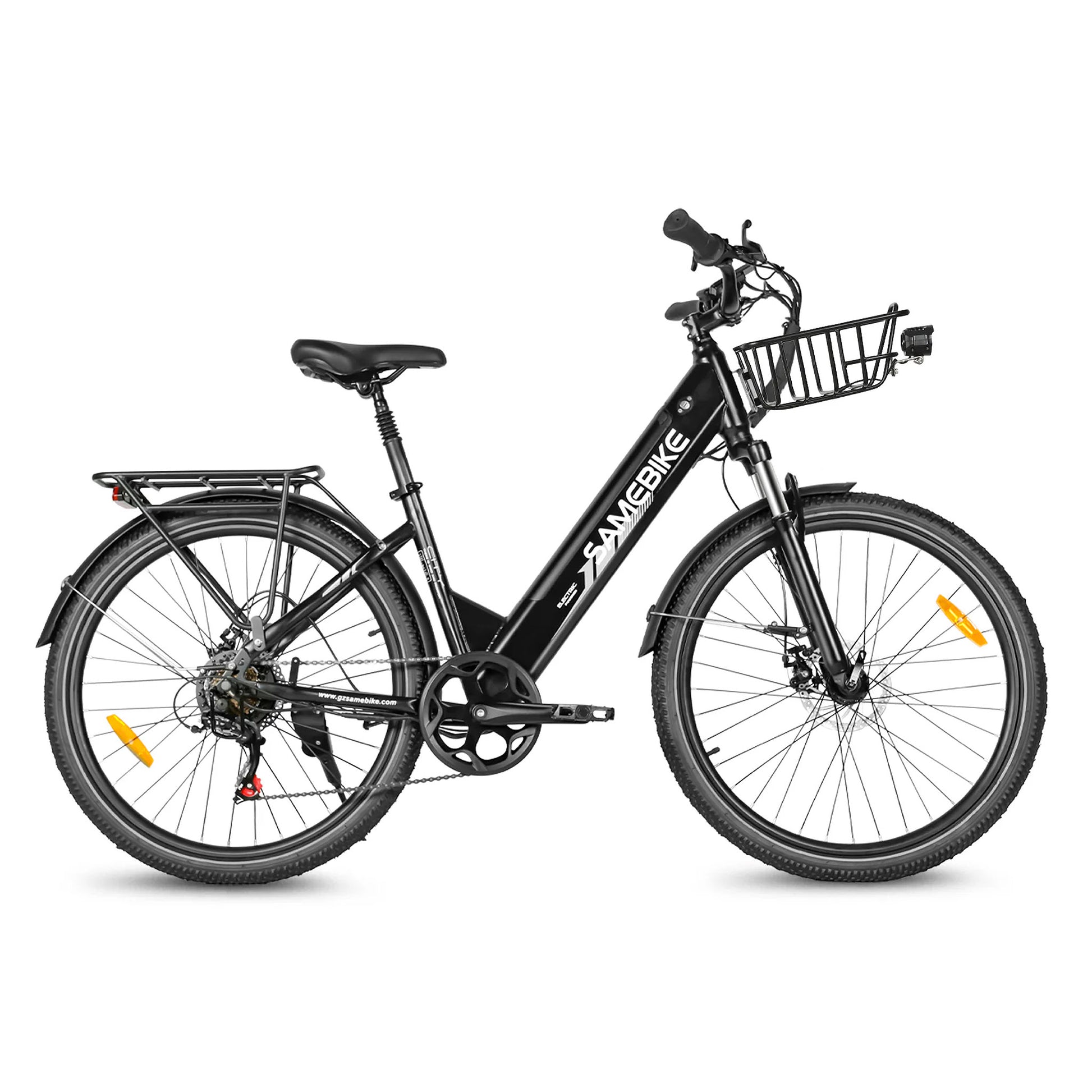 Samebike RS-A01 Pro-T 26-inch electric bike in black with front basket