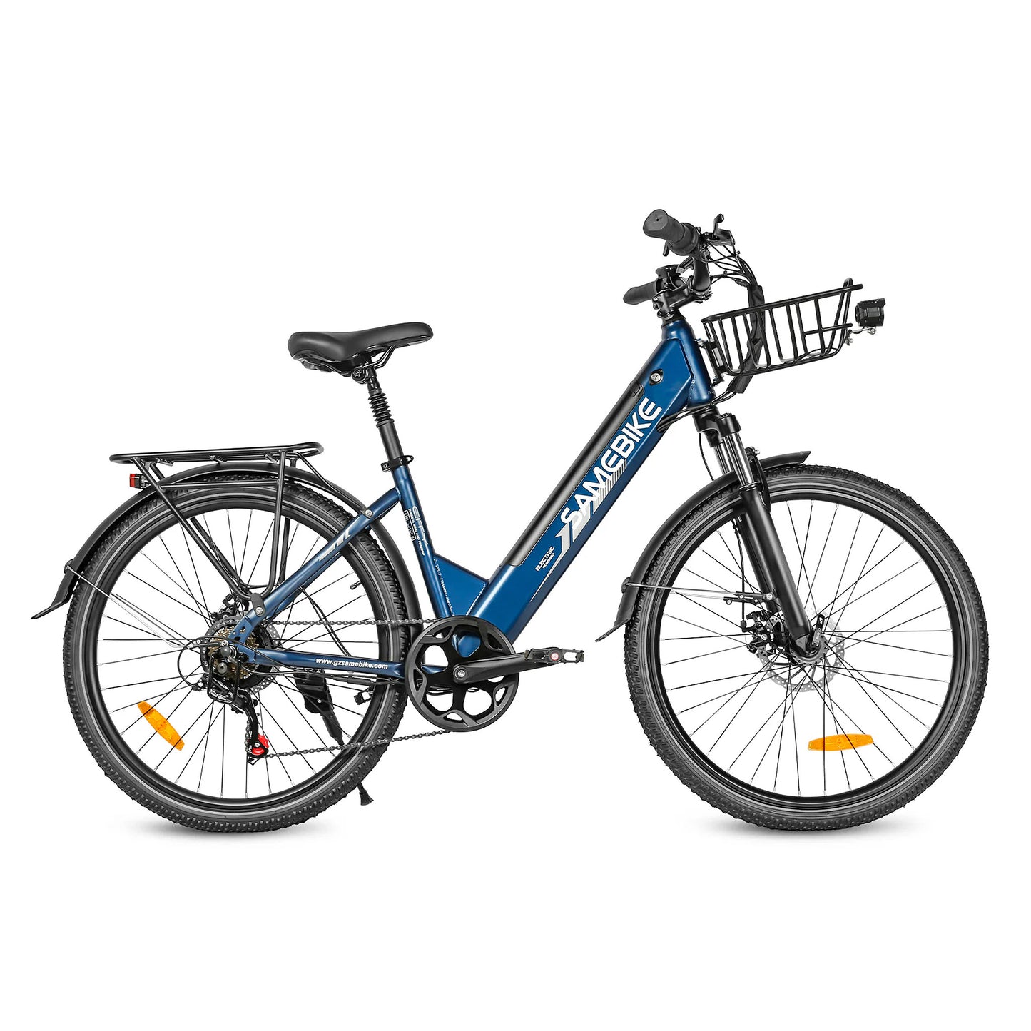 Samebike RS-A01 Pro-T e-bike in blue with front basket and suspension fork