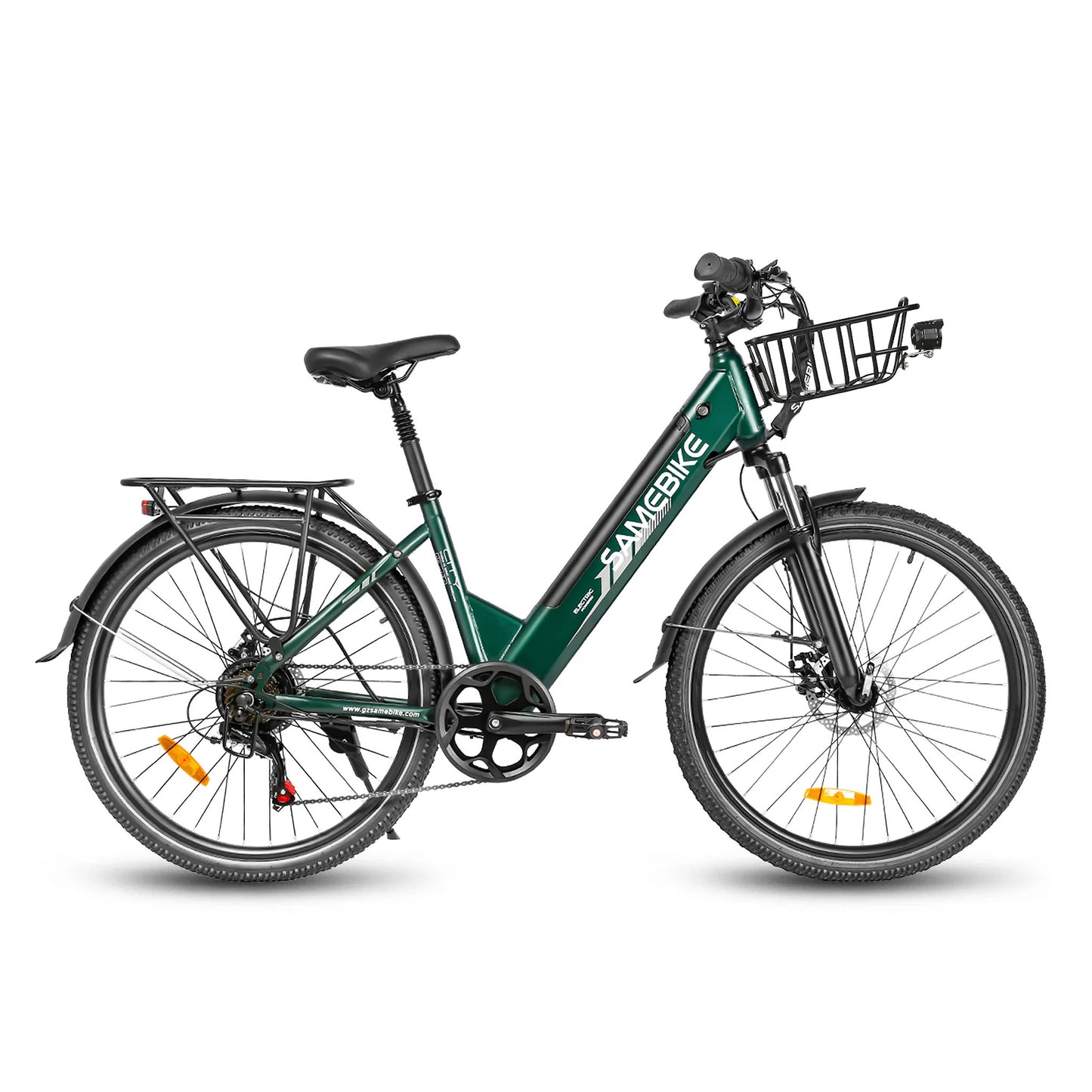 Samebike RS-A01 Pro-T electric bike in green with front basket