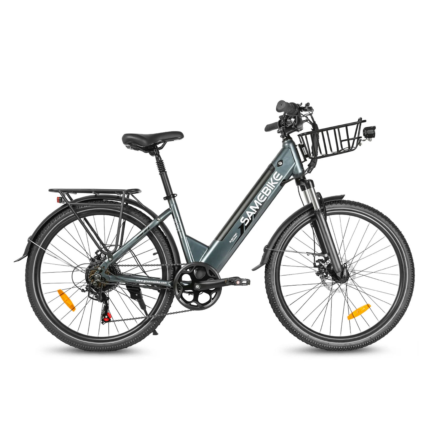 Samebike RS-A01 Pro-T e-bike in grey with front basket and 500W motor