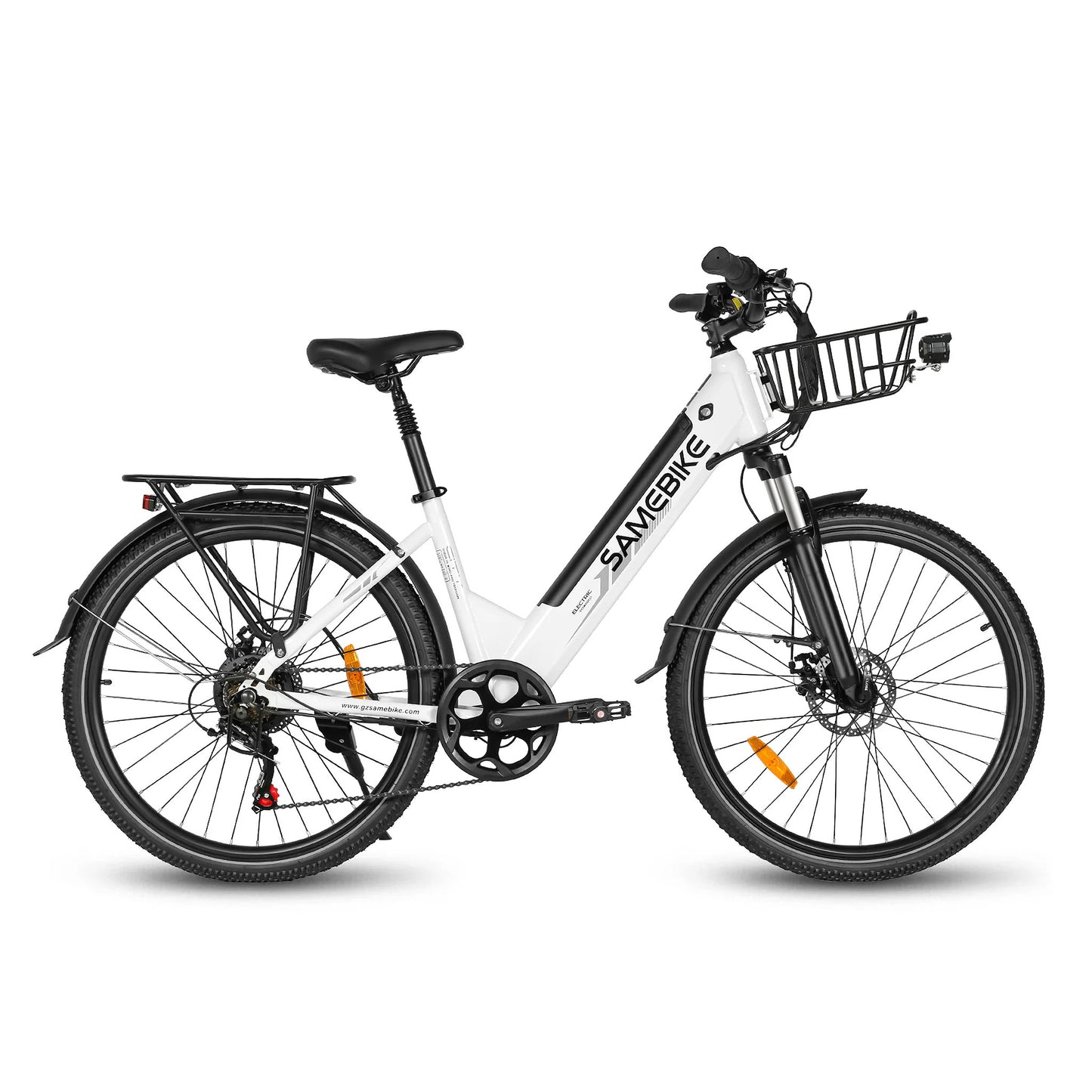 Samebike RS-A01 Pro-T electric bike in white with front basket