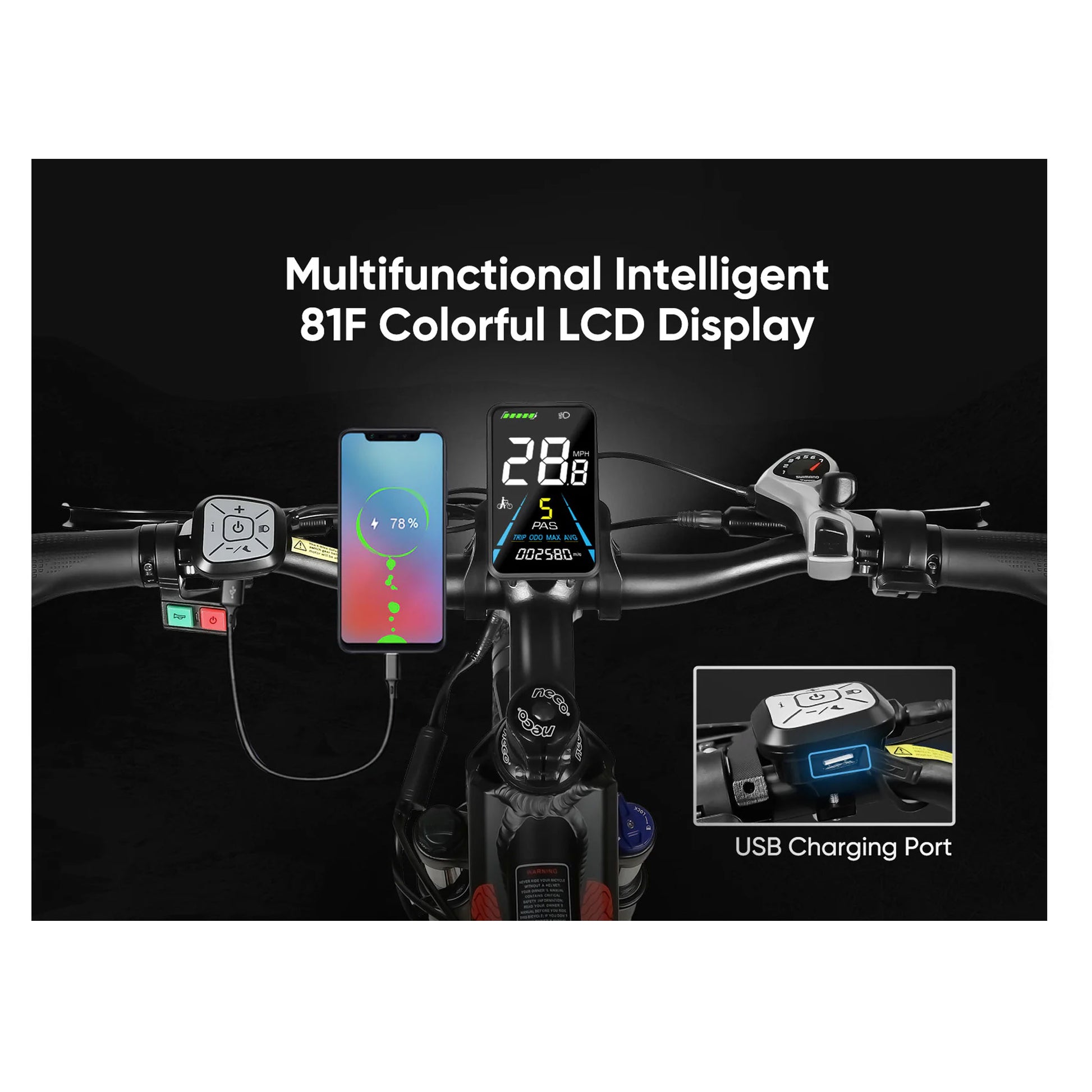Samebike XD26-II LCD colour display with USB charging port