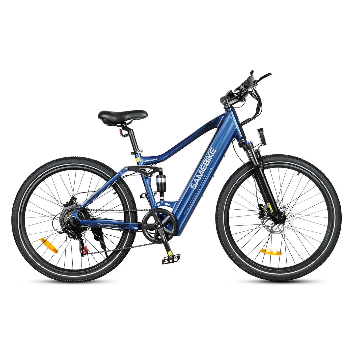 Samebike XD26-II blue e-bike side profile with 750W motor and suspension