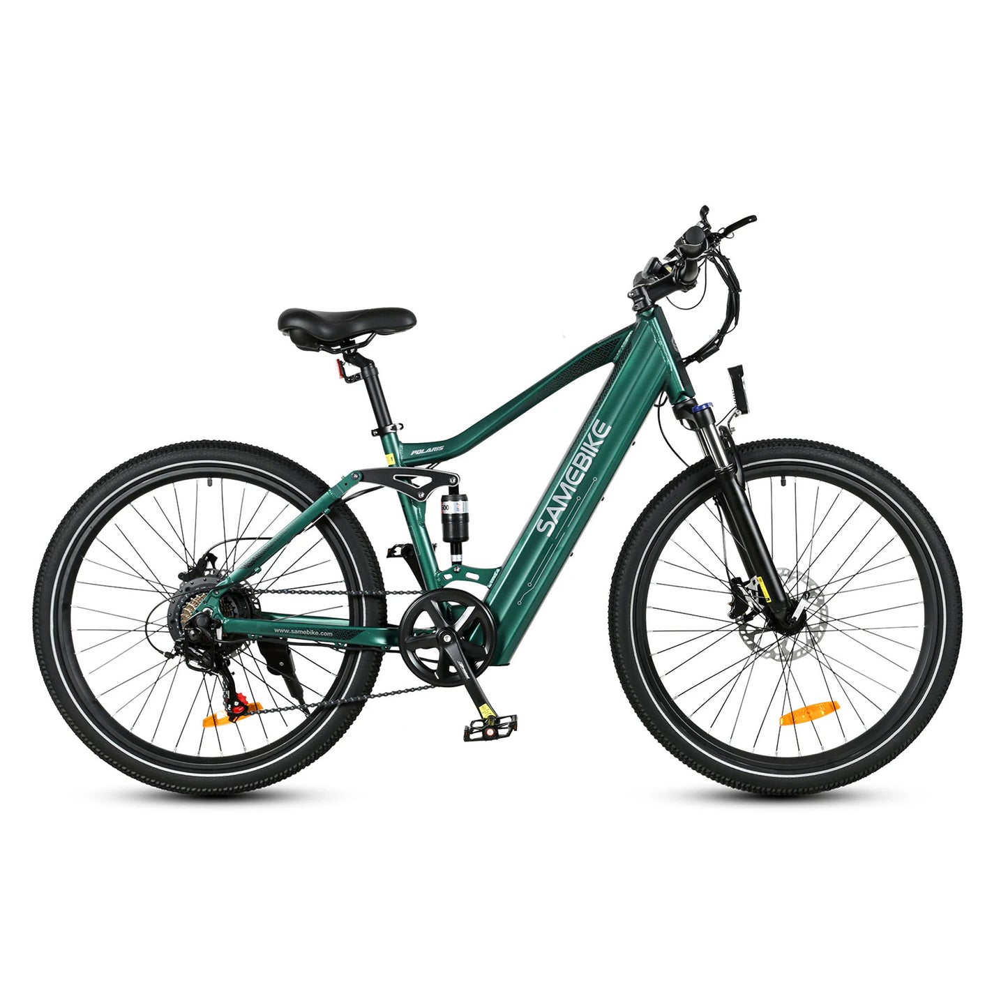 Samebike XD26-II green e-bike side profile with 750W motor and suspension