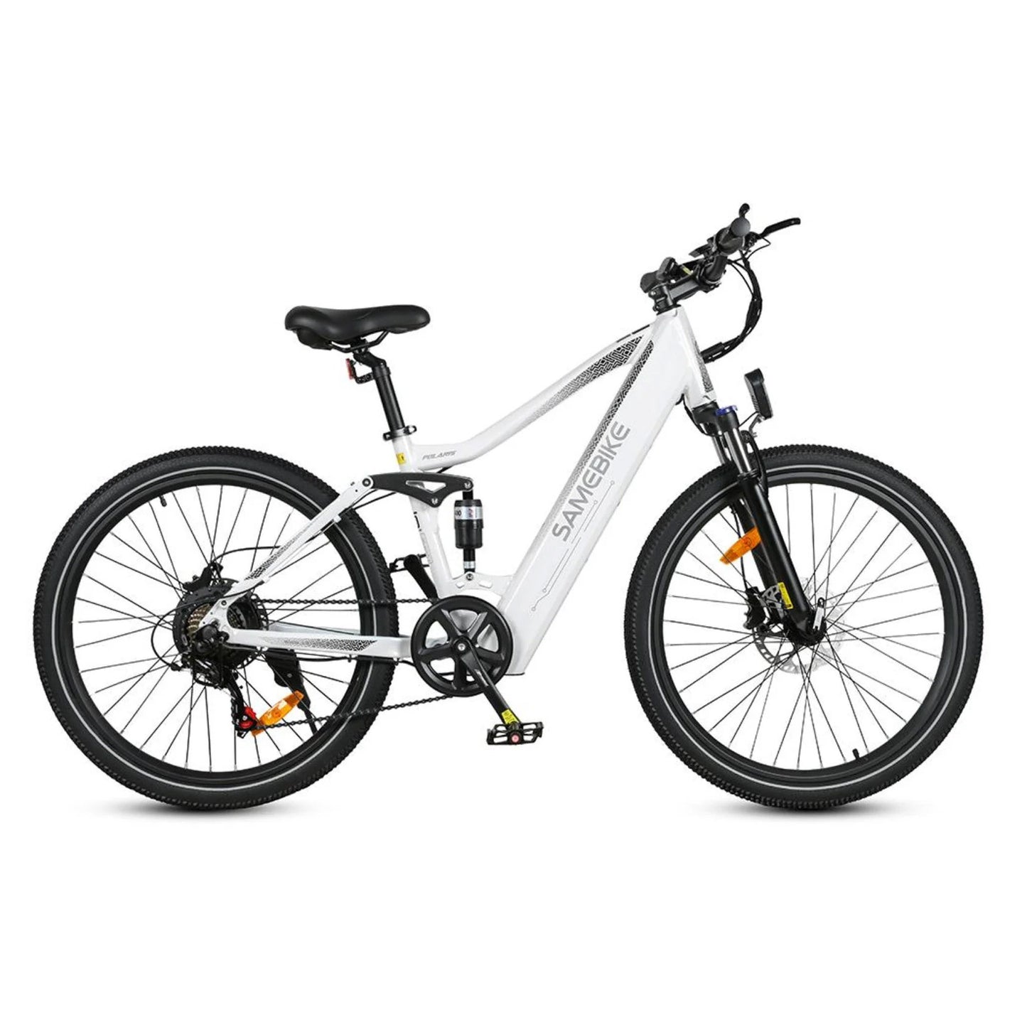 Samebike XD26-II white e-bike side profile with 750W motor and suspension